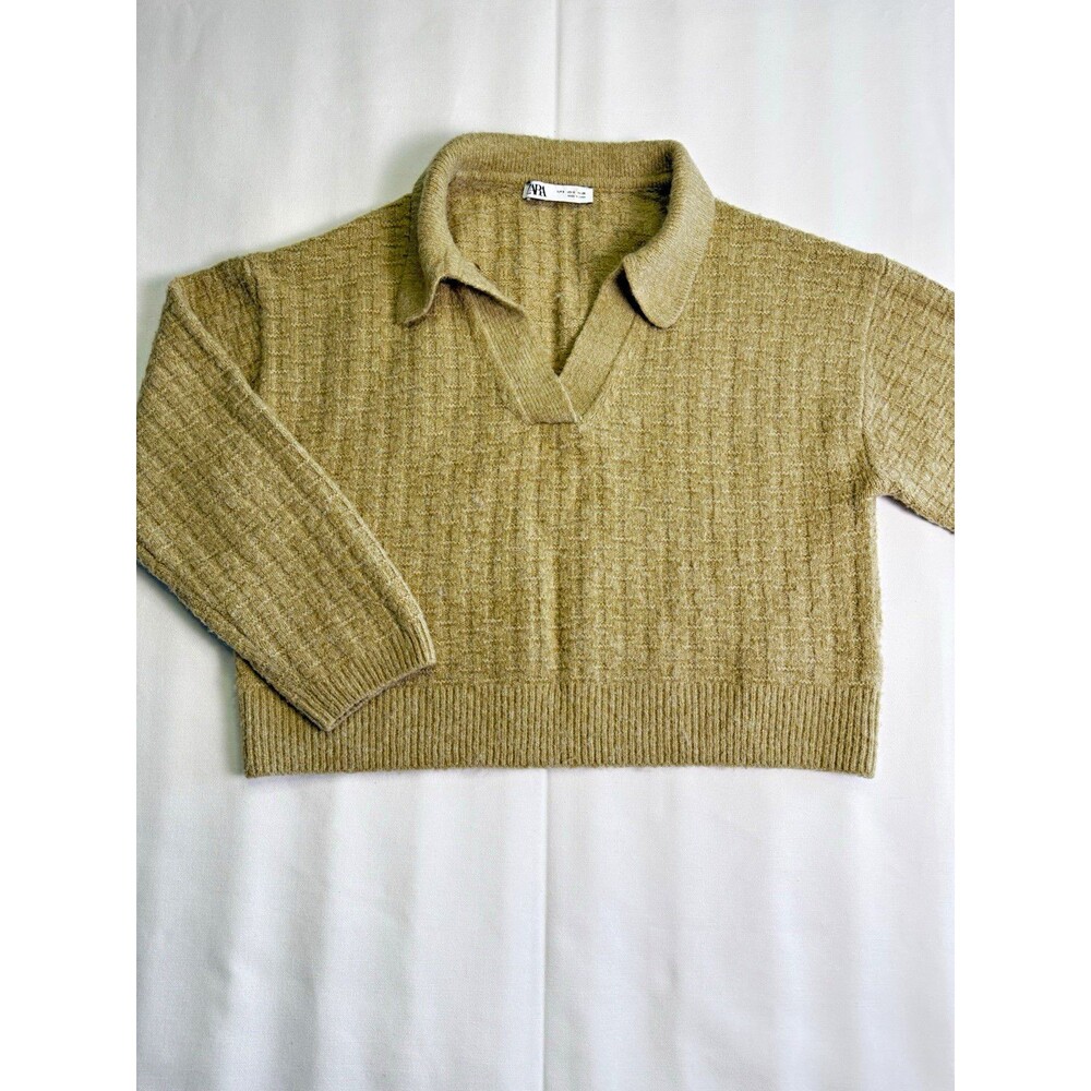 ZARA Beige Solid Collared Long Sleeve Ribbed Knit Pullover Sweater S